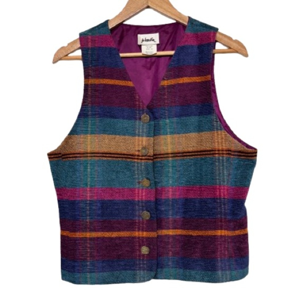 Vintage Jo Hardin Multi Color Striped Satin Lined Tapestry Style Vest Size 10